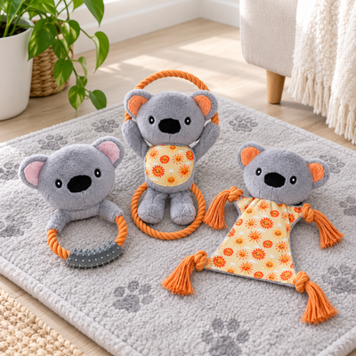 3 x Koala Plush Rope Dog Toys Squeaky Tugger Assorted Set
