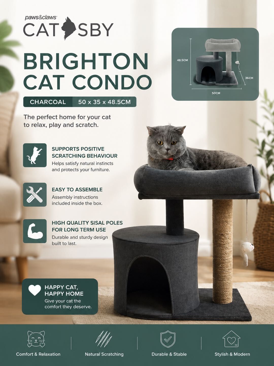 Dark Grey Cat Scratching Tree Scratcher Post Pole Furniture Gym House 50x35x48.5CM