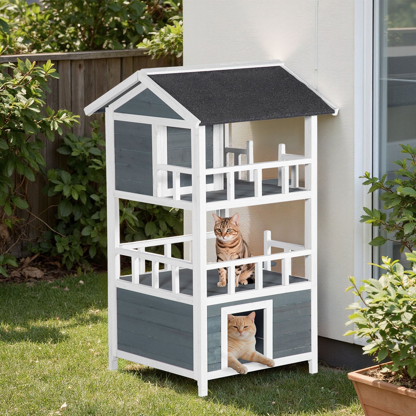 YES4PETS Double Story Cat Shelter Condo with Escape Door Rainproof Kitty House