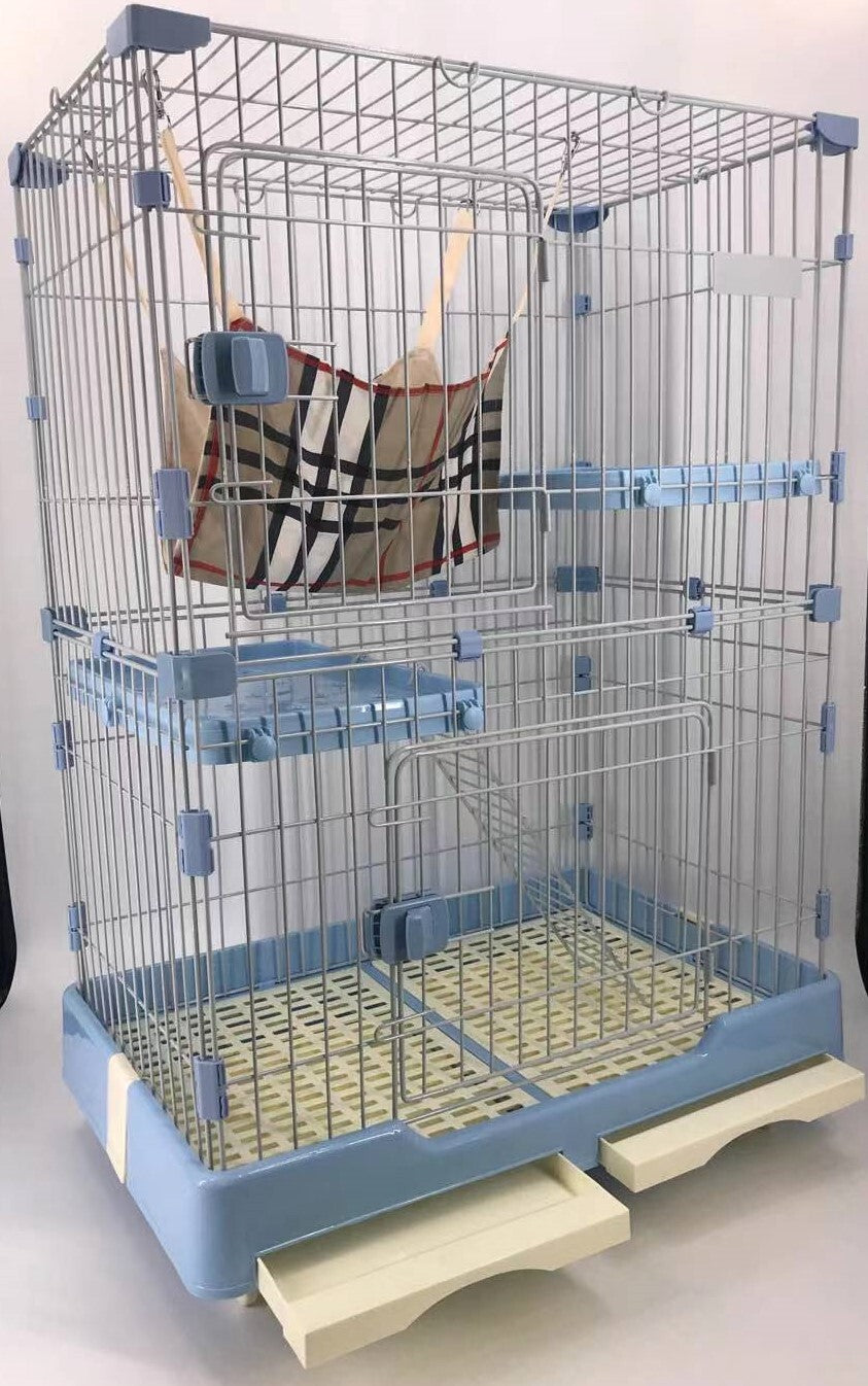 YES4PETS 102 cm Blue Pet 3 Level Cat Cage House With Litter Tray & Wheel 72x47x102 cm