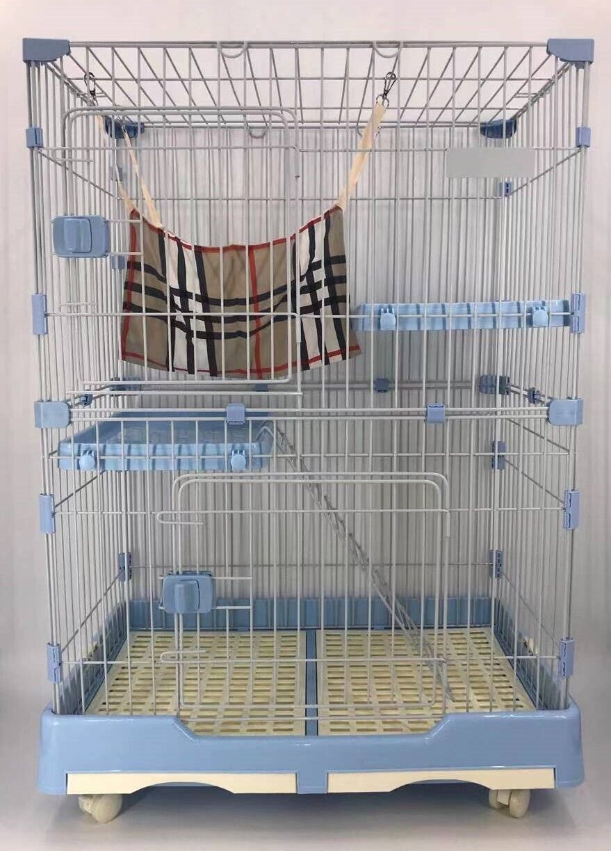 YES4PETS 134 cm XL Blue Pet 3 Level Cat Cage House With Litter Tray & Wheel 99x63x134 cm