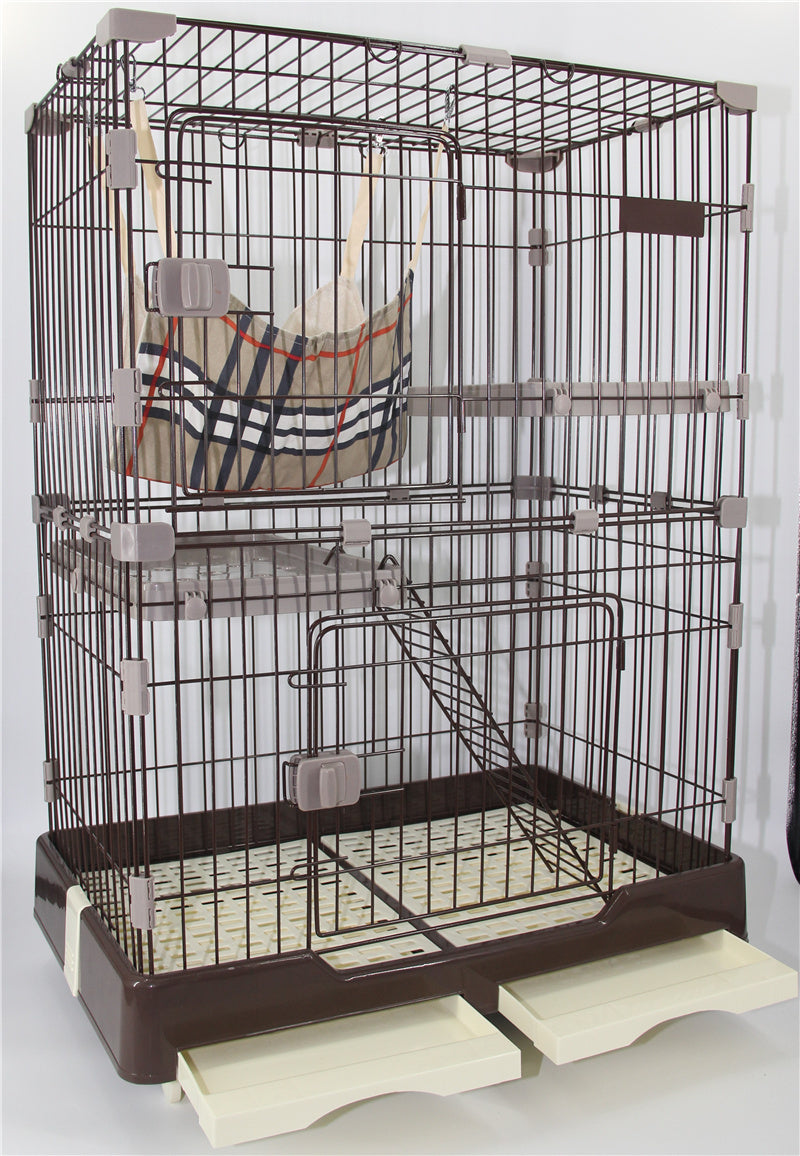 YES4PETS 134 cm XL Brown Pet 3 Level Cat Cage House With Litter Tray & Wheel 99x63x134 cm