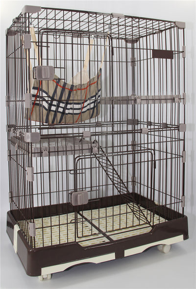 YES4PETS 134 cm XL Brown Pet 3 Level Cat Cage House With Litter Tray & Wheel 99x63x134 cm