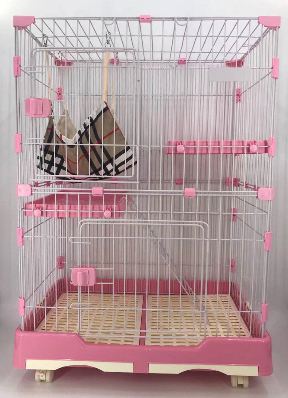 YES4PETS 134 cm XL Pink Pet 3 Level Cat Cage House With Litter Tray & Wheel 99x63x134 cm