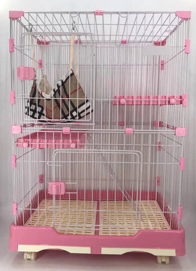YES4PETS 134 cm XL Pink Pet 3 Level Cat Cage House With Litter Tray & Wheel 99x63x134 cm