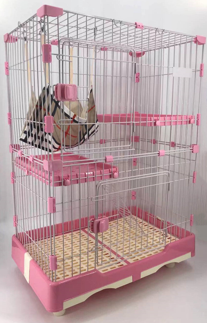 YES4PETS 134 cm XL Pink Pet 3 Level Cat Cage House With Litter Tray & Wheel 99x63x134 cm
