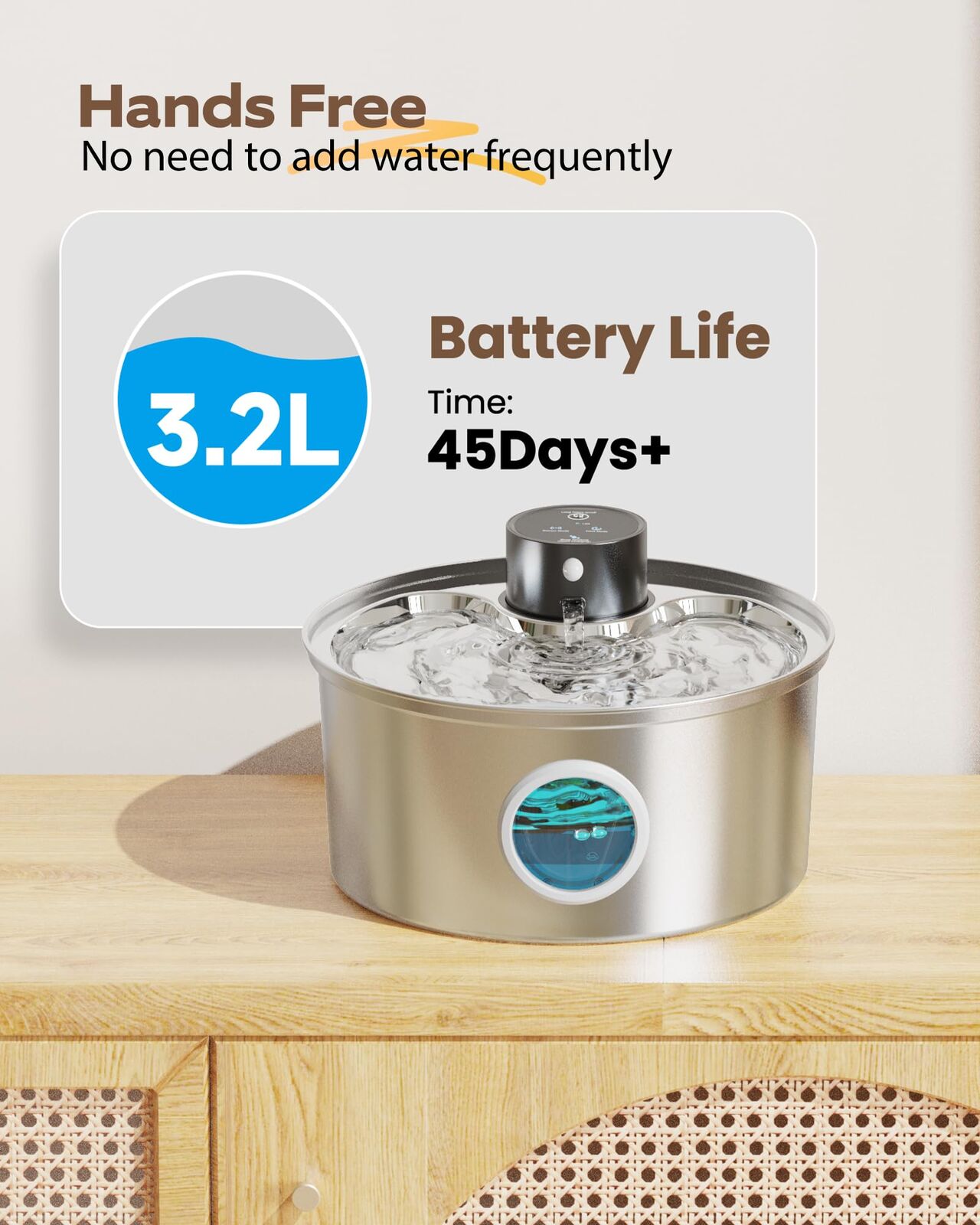 3.2L Wireless Sensor Automatic Electric Pet Water Fountain Dog Cat Stainless Steel Dispenser