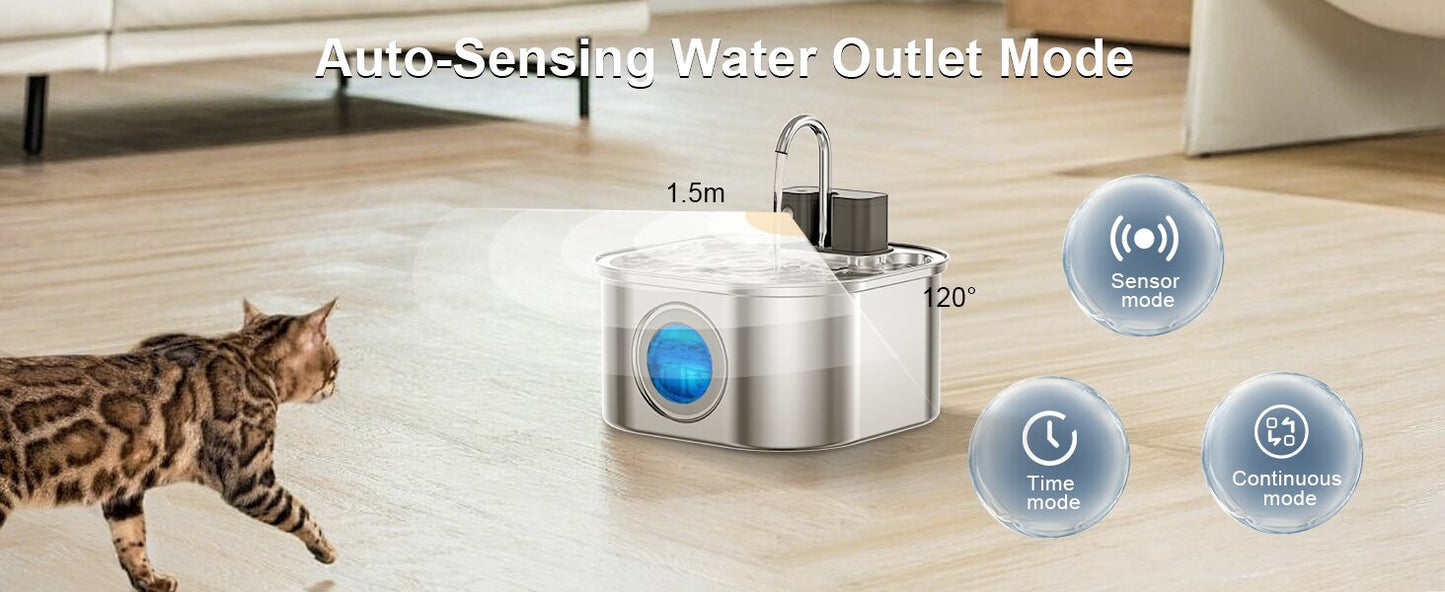 3.2L Wireless Sensor Automatic Electric Pet Water Fountain Dog Cat Stainless Steel Dispenser