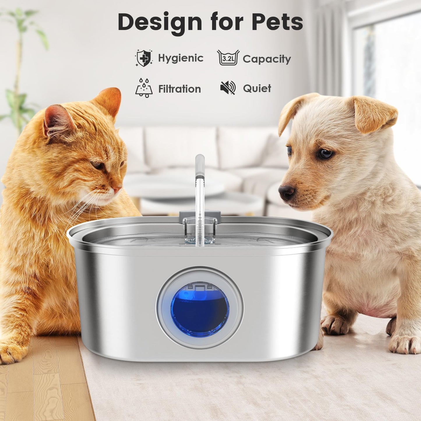 YES4PETS 3.2L Automatic Electric Pet Water Fountain Dog Cat Stainless Steel Feeder Bowl Dispenser Oval