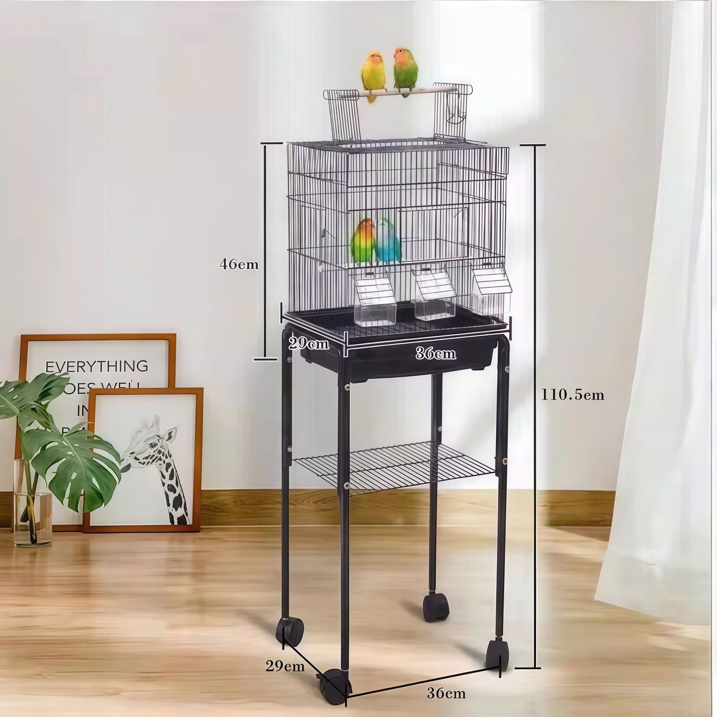YES4PETS Medium Size Black Bird Cage Parrot Budgie Aviary with Perch Stand and Castor Wheels