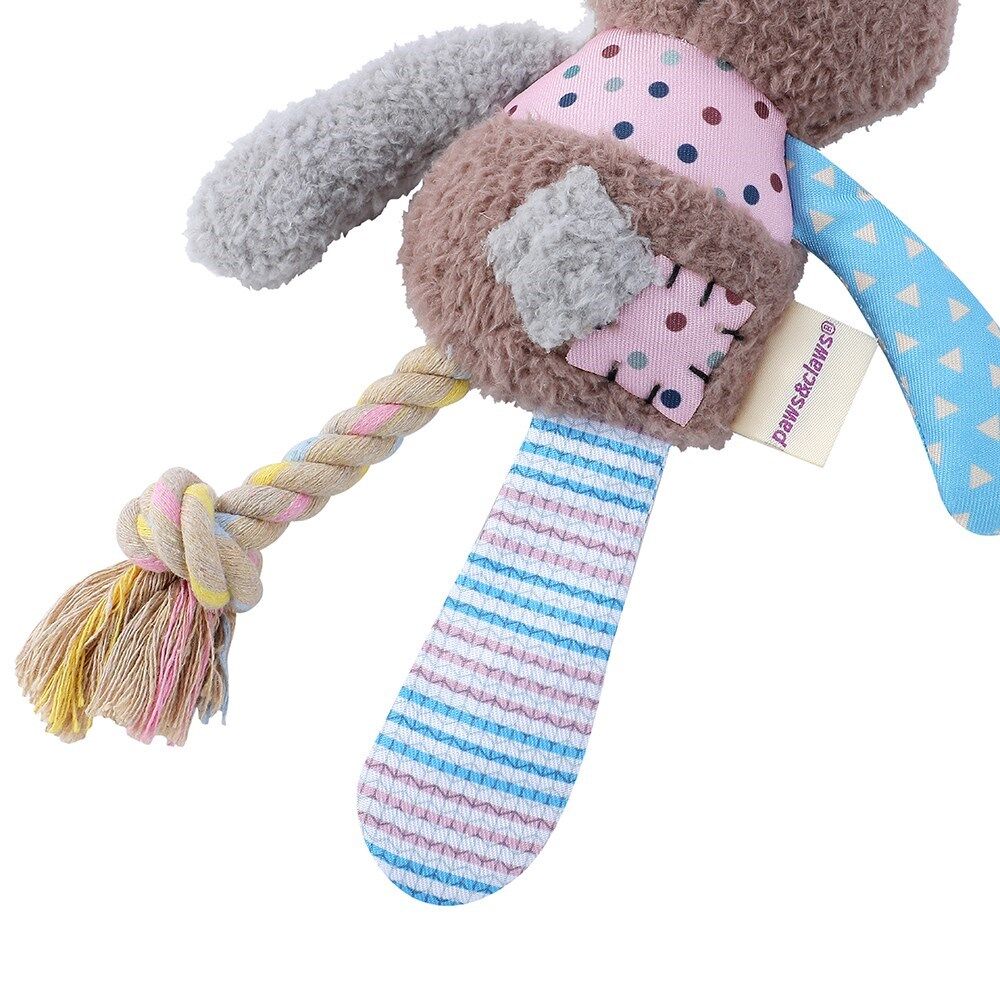 3 x Patchwork Plush Rope Dog Toys Squeaky Crinkle Bear Rabbit Elephant Set