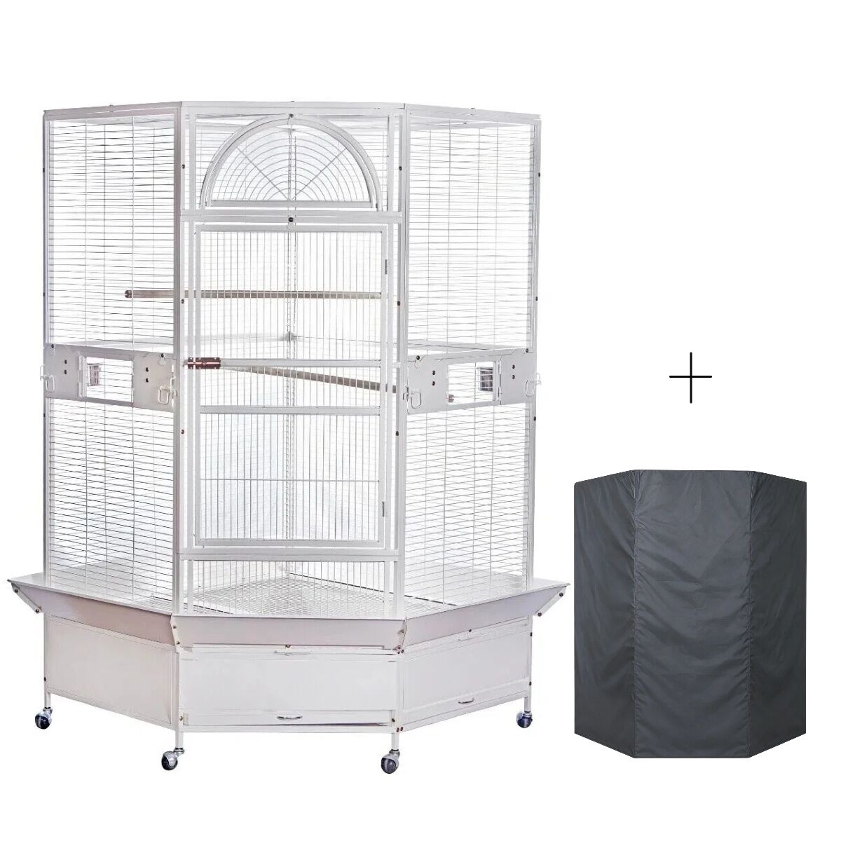 YES4PETS 185cm XXL White Corner Bird Cage Pet Parrot Aviary  Perch Castor Wheel With Cover