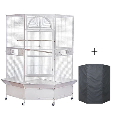 YES4PETS 185cm XXL White Corner Bird Cage Pet Parrot Aviary  Perch Castor Wheel With Cover