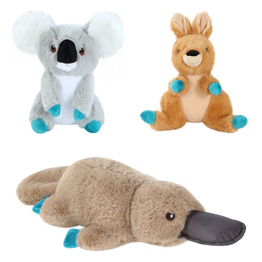 3 x Australian Animal Plush Dog Toys Squeaky Koala Platypus Kangaroo Set