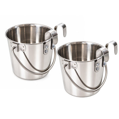 2 X 5.7L Stainless Steel Hanging Water Feed Bucket for Bird Cage with Hooks
