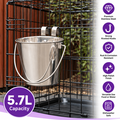 5.7L Stainless Steel Hanging Water Feed Bucket for Bird Cage with Hooks
