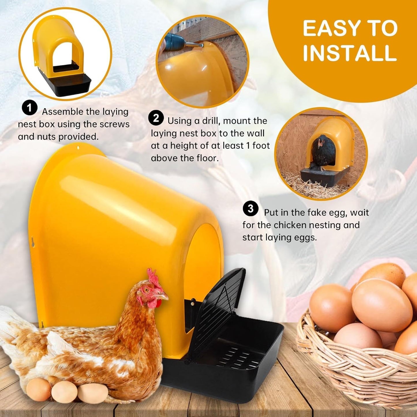 YES4PETS 5x Large Yellow Roll Out Nesting Box for Chickens with Egg Collection Tray and Wall Mount