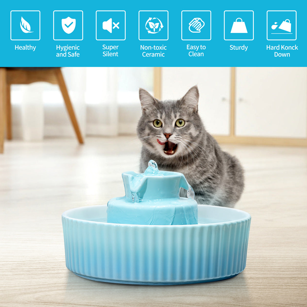 YES4PETS Blue Ceramic Electric Pet Water Fountain Dog Cat Water Feeder Bowl Dispenser 17X Filters