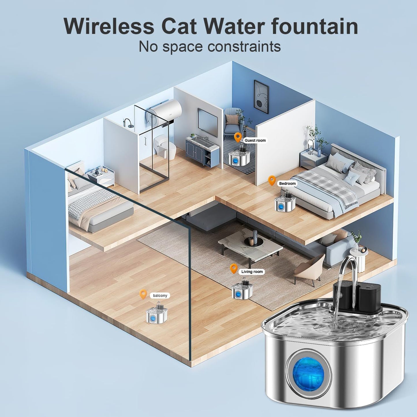 3.2L Wireless Sensor Automatic Electric Pet Water Fountain Dog Cat Stainless Steel Dispenser 13 Filters