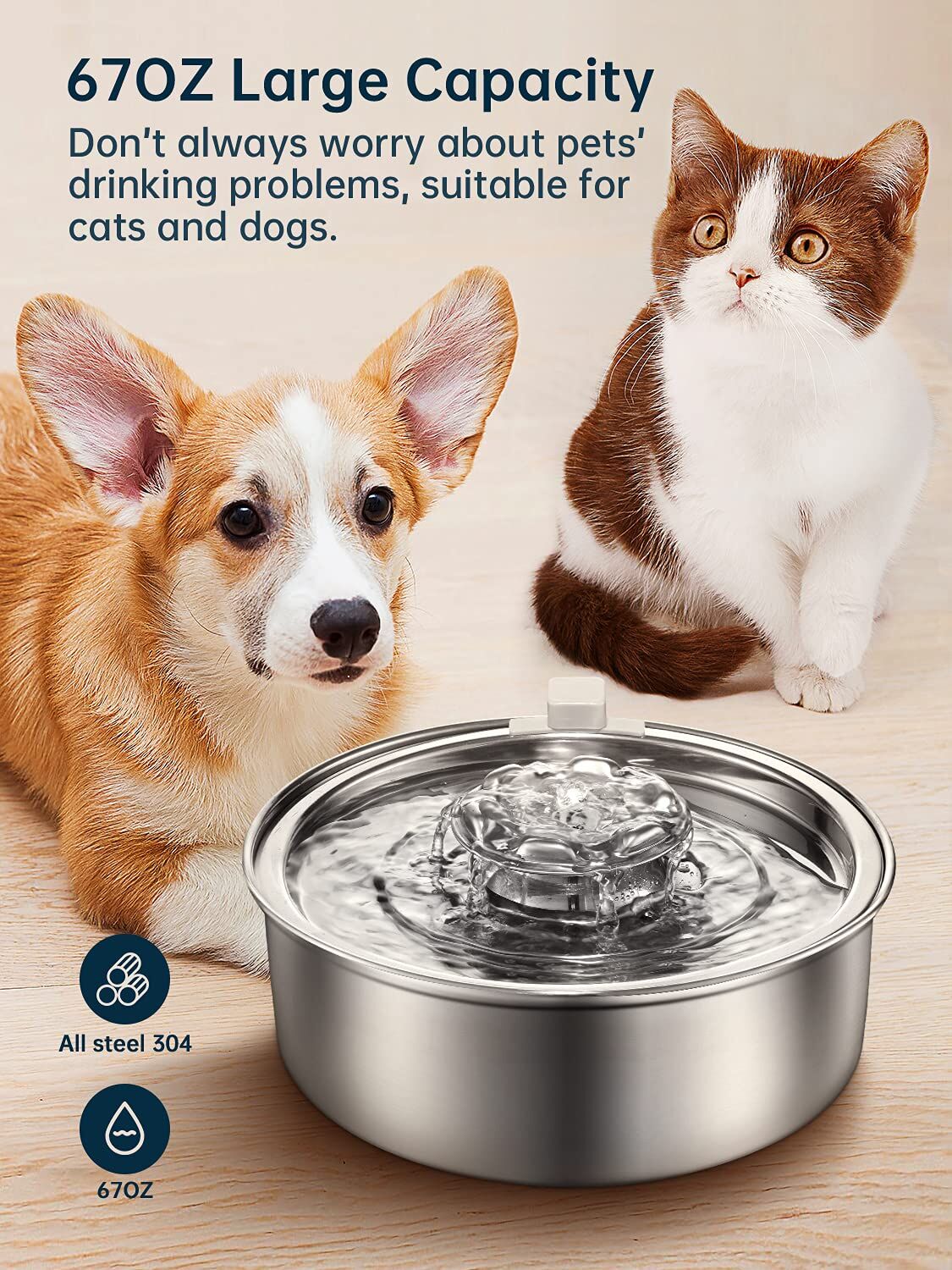 YES4PETS 2L Automatic Electric Pet Water Fountain Dog Cat Stainless Steel Feeder Bowl Dispenser