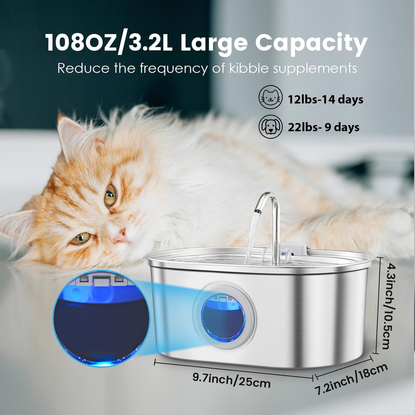 YES4PETS 3.2L Automatic Electric Pet Water Fountain Dog Cat Stainless Steel Feeder Bowl Dispenser Oval