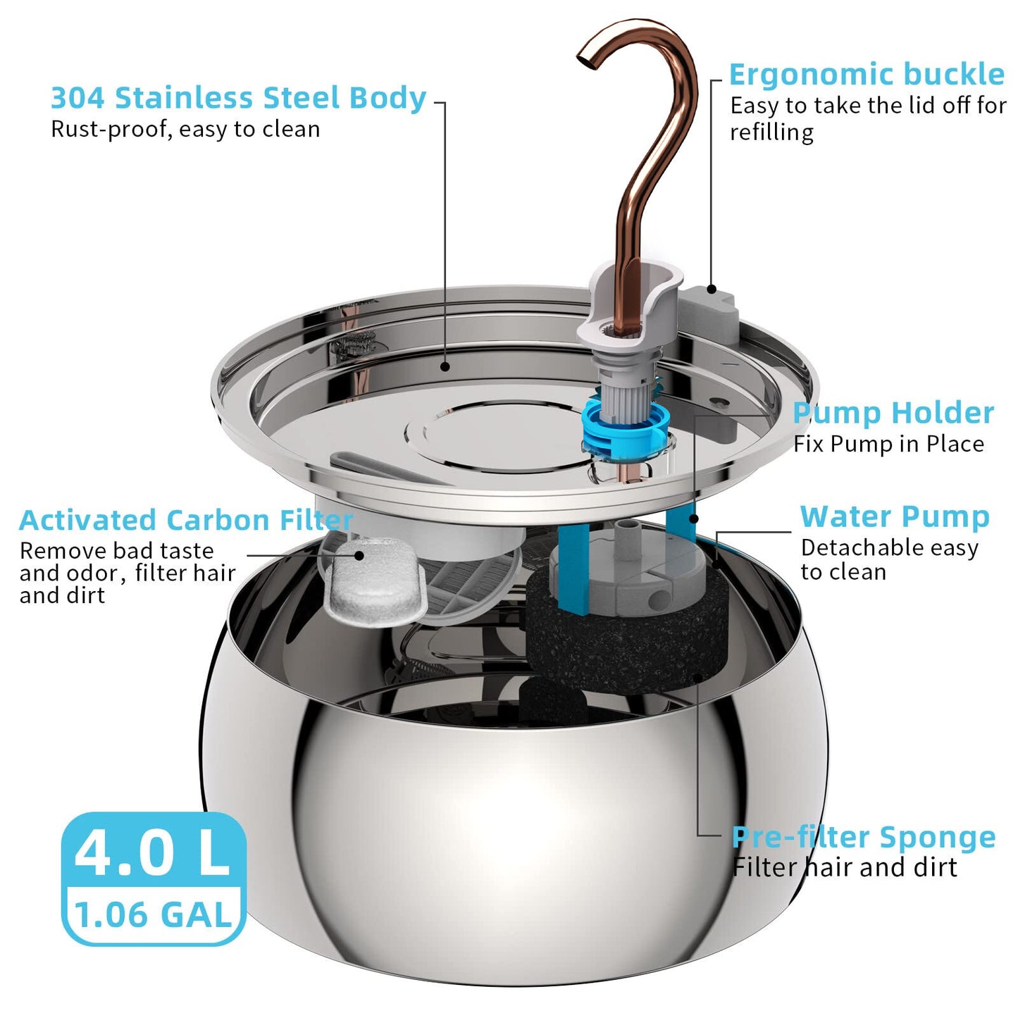 YES4PETS 2.5L Automatic Electric Pet Water Fountain Dispenser Dog Cat Stainless Steel with 17x Filters